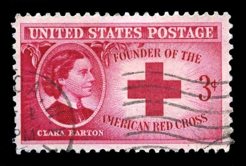 United States postage stamp that has Clara Barton on it and says Founder of the American Red Cross and 3 cents