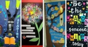 4 classroom doors decorated for spring