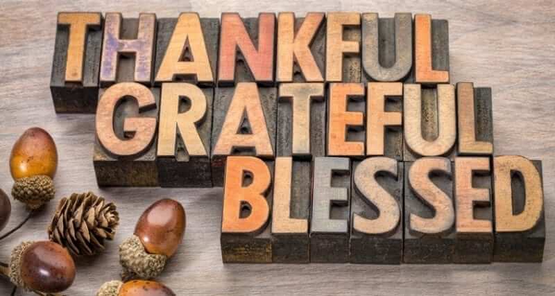 "THANKFUL GRATEFUL BLESSED" written on wooden blocks with acorns and pinecones next to it