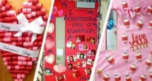 3 classroom doors decorated for valentines day