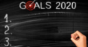 Chalkboard that says "GOALS 2020" and numbers 1, 2, 3, listed underneath. The O in GOALS is a bullseye