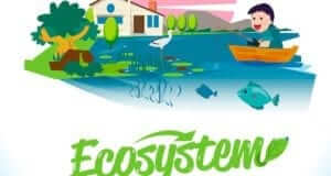 A cartoon of a person fishing in an ecosystem