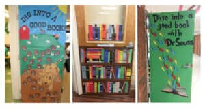 3 different doors decorated to promote reading