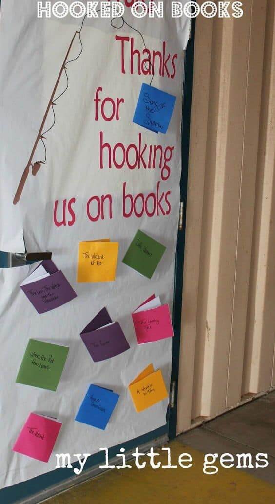 Door decorated as fishing for books