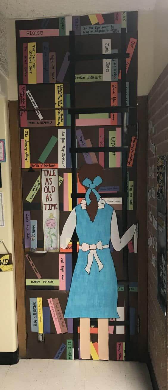 Door decorated as Belle's library