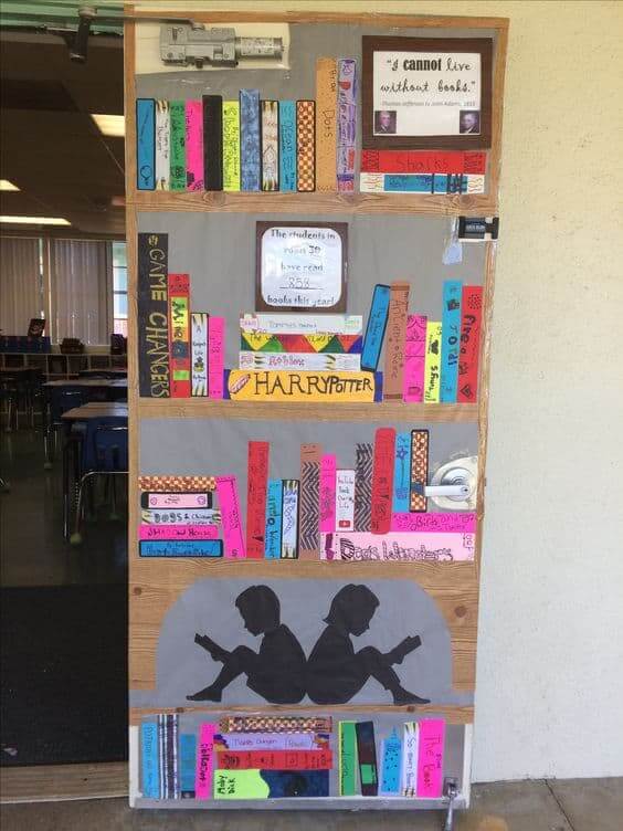 Door decorated with books