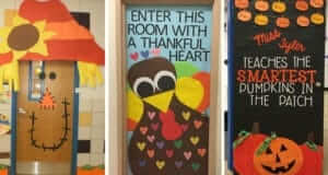 Three classroom doors decorated for thanksgiving.