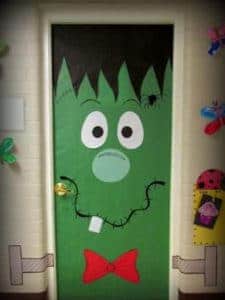 Classroom door decorated as Frankenstein