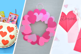 Three Valentine's Crafts. From left to right: Paper plate valentine day bag, heart wreath, and hidden heart bookmarks
