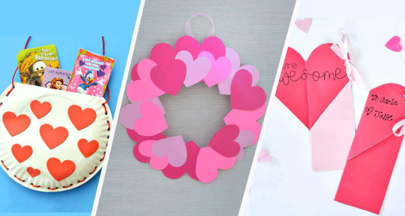 Three Valentine's Crafts. From left to right: Paper plate valentine day bag, heart wreath, and hidden heart bookmarks