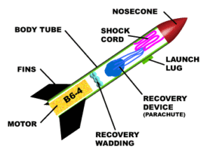 Model to show parts of a rocket: motor, fins, recovery wadding, recovery device (parachute), body tube, launch lug, shock cord, and nosecone