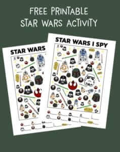Free printable Star Wars Activity showing two worksheets with Star Wars characters and items