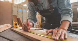 Person in a workshop measuring a piece of wood and marking it with a pencil