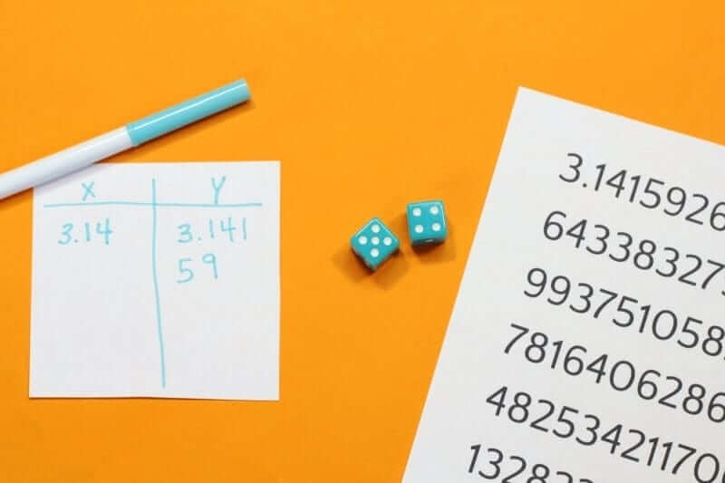 Orange background with a marker,dice, a sheet of paper that has an xy table with numbers and another sheet of paper with the pi number