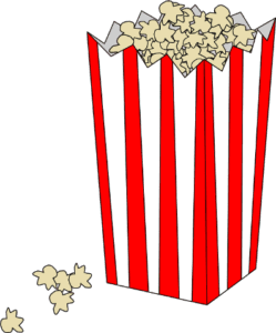 cartoon drawing of popcorn in a white and red striped movie theater container
