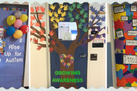 Three classroom doors decorated for autism awareness month