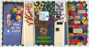 Three classroom doors decorated for autism awareness month