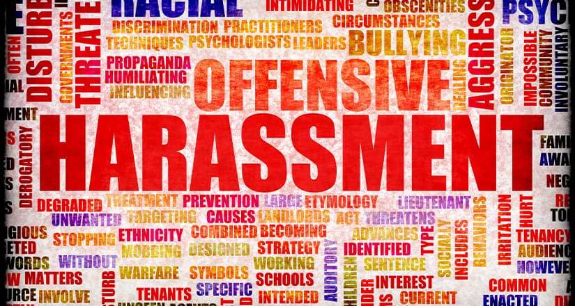 Graphic display of words such as harassment, offensive, schools, working, bullying, circumstances, prevention, etc.