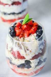 yogurt parfait with blueberries, raspberries, and strawberries