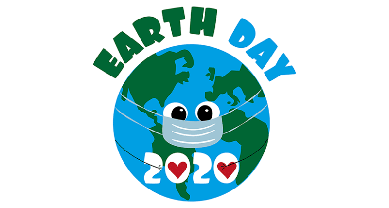 A picture of Earth wearing a face mask and it says Earth Day 2020. The zero's in 2020 are red hearts.