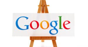 The "Google" logo on an easel