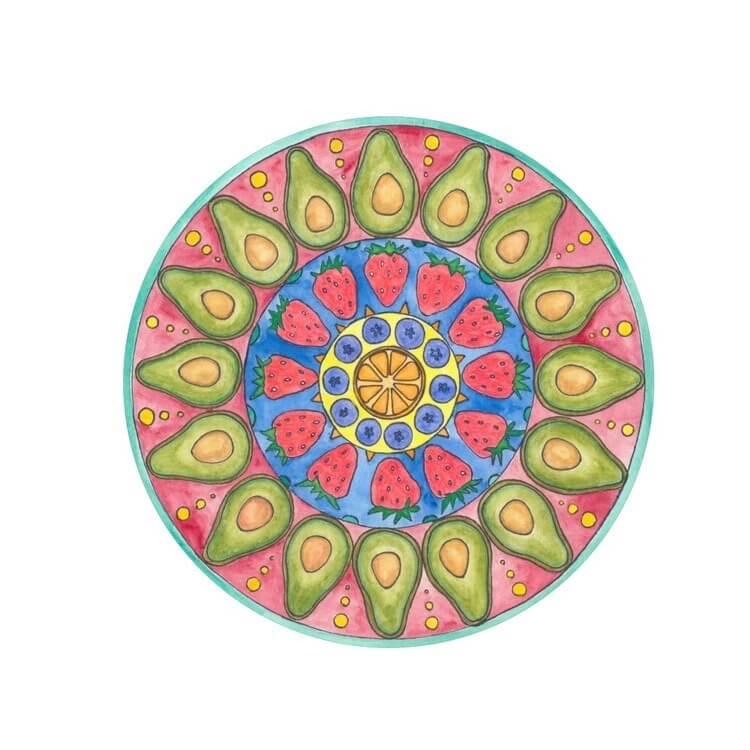 A piece of art by Rachel Mambach called, “Fruit Time,” and it’s a mandala with different fruits going in a circle. From the center out is an orange, then blueberries, strawberries, and avocados.