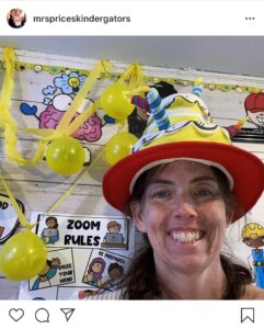 An Instagram post from mrspricekindergators wearing a silly hat and decorations in the background
