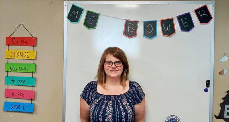 Brittany Bower (Learning Disabilities Teacher Consultant, East Amwell) standing in front of a white board in a classroom