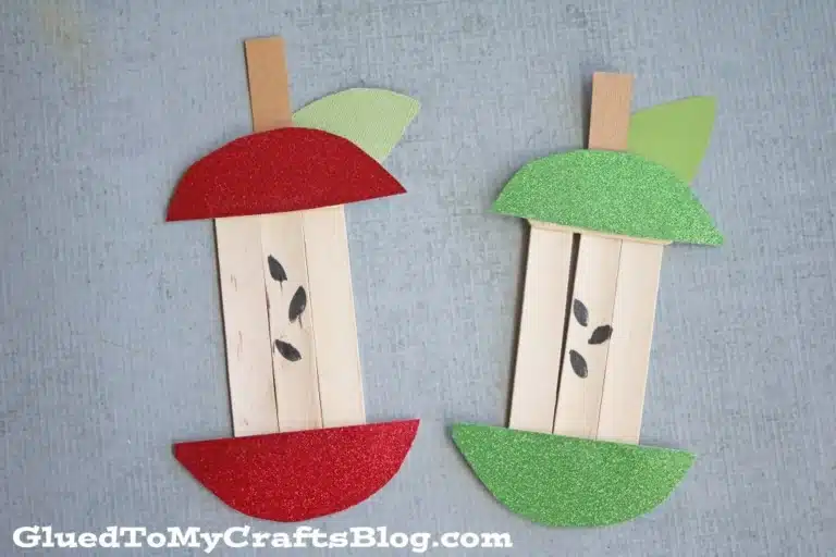 Red and Green Apple Core Craft made with popsicle sticks and construction paper